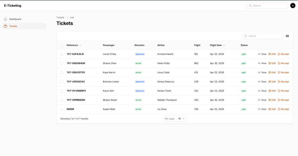 Admin panel showing a table of submitted tickets with reference numbers, passenger names, travel direction badges, airline, flight number, flight date, and payment status