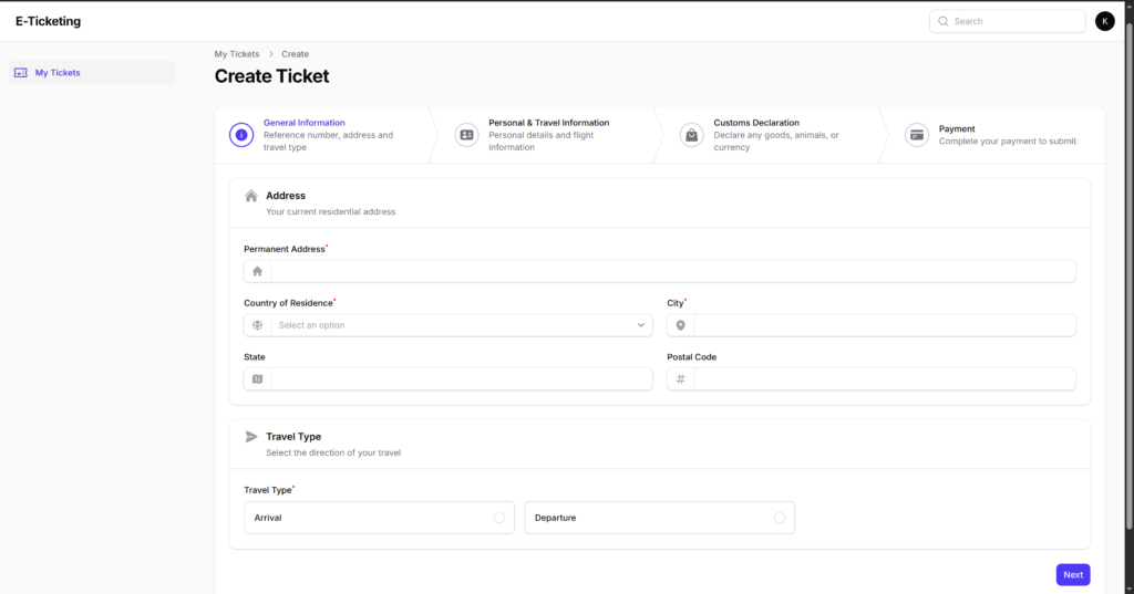 Step 1 of the ticket creation wizard showing address fields, country of residence, and travel type selection (arrival or departure)