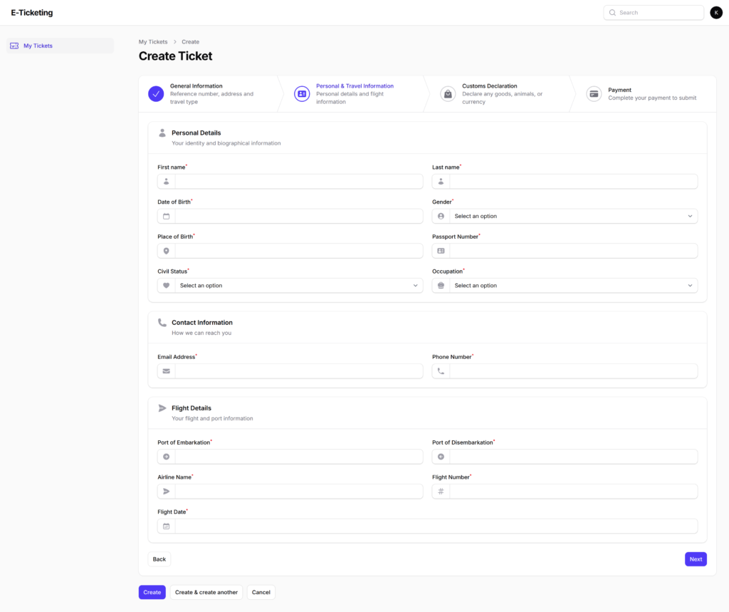 Step 2 of the ticket creation wizard showing personal details, contact information, and flight details fields including passport number, airline name, and flight date