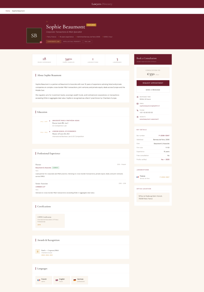 Lawyer profile page for Sophie Beaumont showing a featured badge, practice area tags, key stats (18 years experience, 340+ cases, 1 jurisdiction, 3 languages), bio, education history, professional experience timeline, certifications, awards, languages spoken, and a sidebar with consultation fee, contact details, bar admission, and jurisdiction details