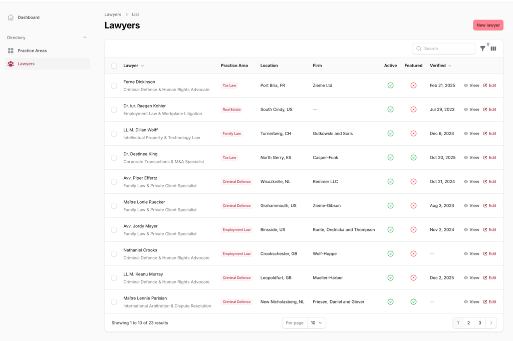 Filament admin panel showing the lawyers list table with columns for lawyer name and tagline, primary practice area, location, firm name, active status, featured status, verified date, and view and edit actions