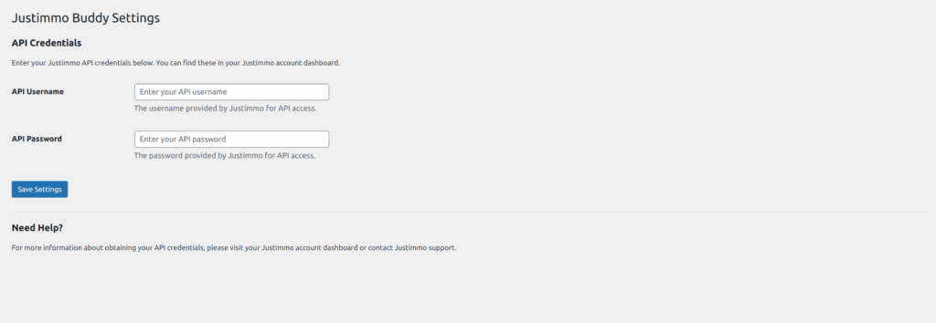 WordPress admin settings page titled Justimmo Buddy Settings showing API credentials fields for username and password with a Save Settings button and a help section below