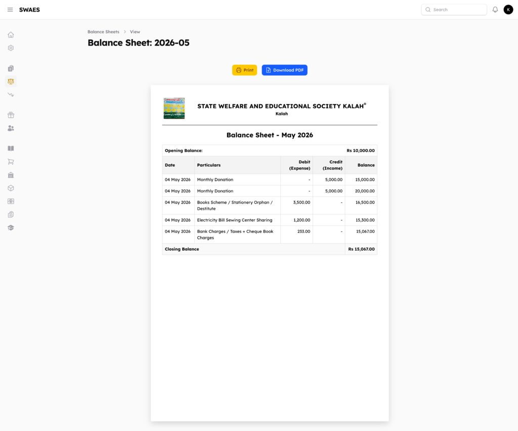 SWAES monthly balance sheet for May 2026 showing opening balance of Rs 10,000, income entries for monthly donations, expense entries for books scheme, electricity, and bank charges, and a closing balance of Rs 15,067
