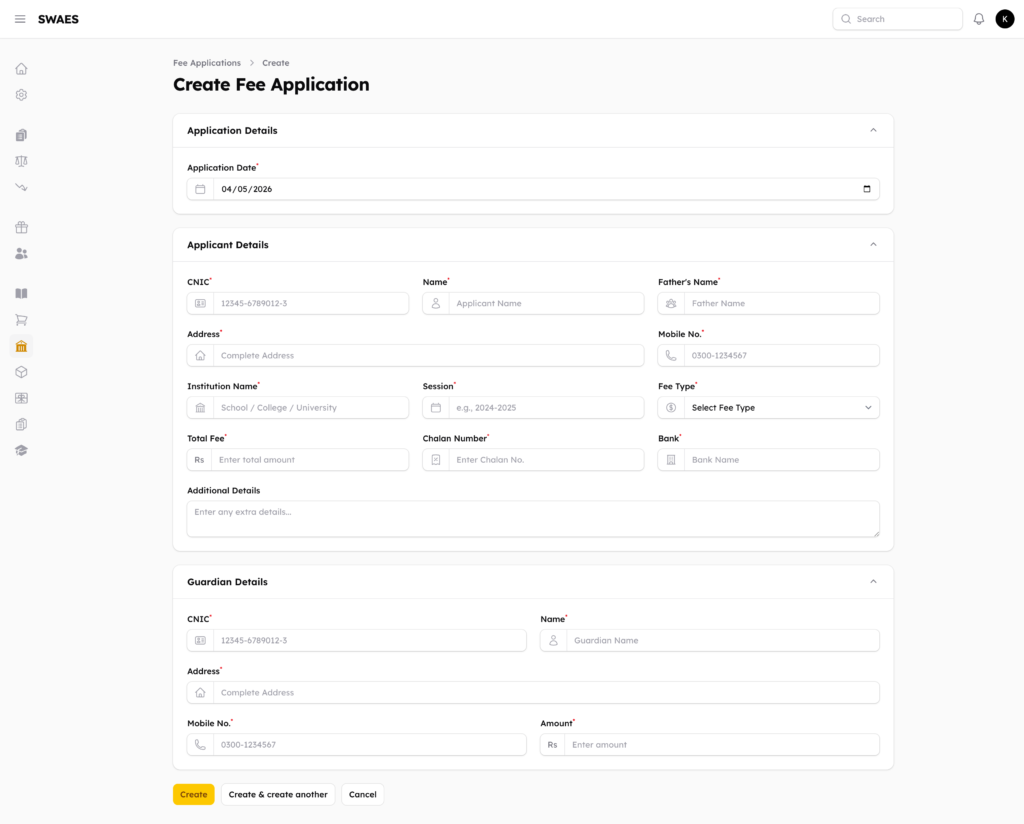 SWAES fee assistance application form showing fields for application date, applicant CNIC, name, father's name, address, institution, session, fee type, total fee, chalan number, bank name, and guardian details including CNIC, name, address, and assistance amount